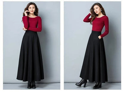 Autumn Winter Black Gray Large Size Woolen Long Skirt Women Fashion Korean Ladies Red High Waist Festival Pleated A-line Skirts.