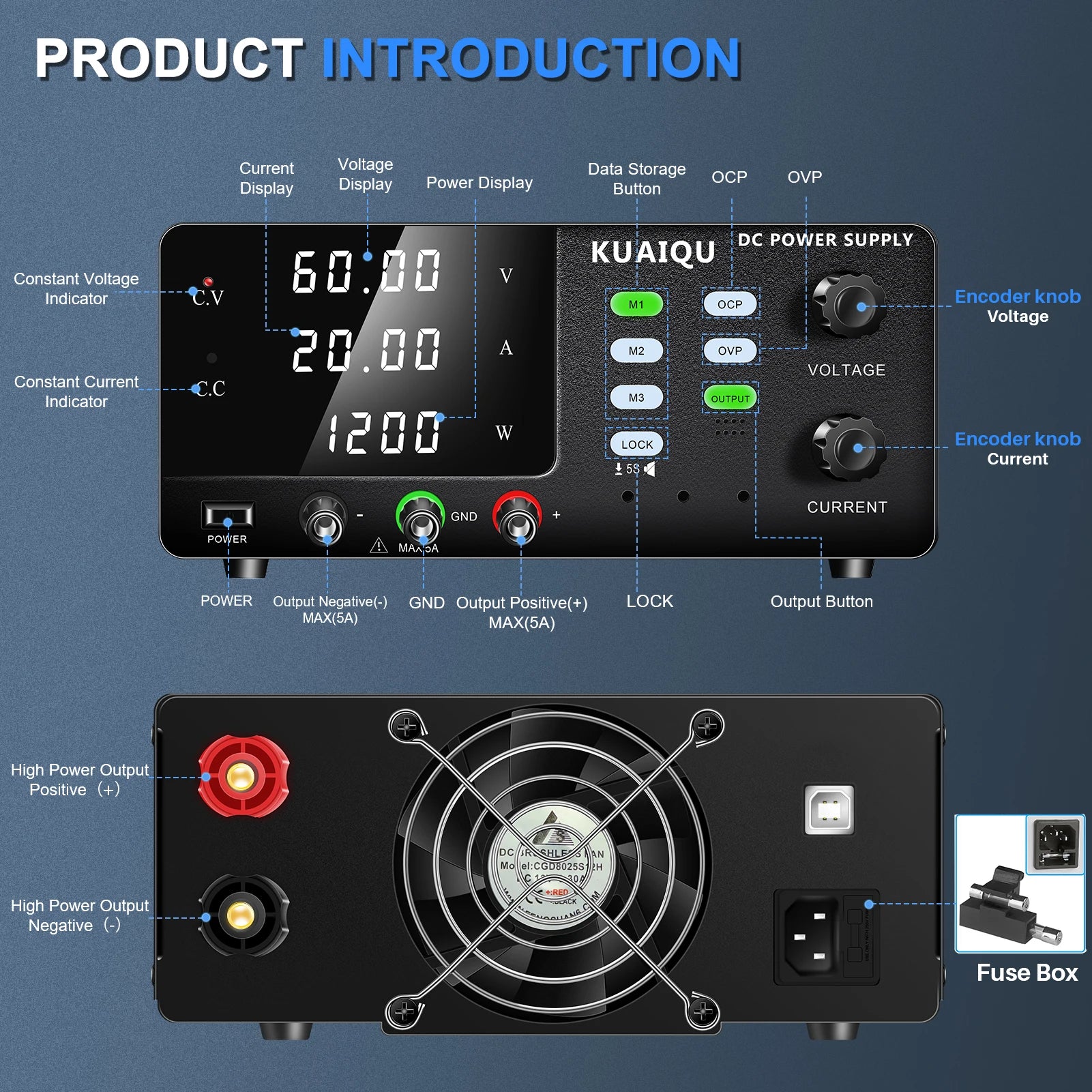KUAIQU 3000W High Power Adjustable Bench Power Supply 1000V 300V 200V 100A 60A 30A Lab Power Supply OCP Alarm OVP Output Switch.