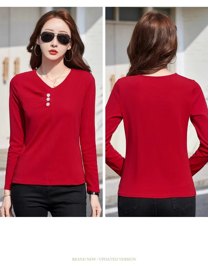Wine red pure cotton long sleeved t-shirt for women's spring and autumn new style V-neck fashionable casual plus size loose top