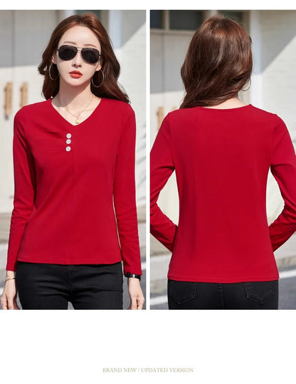 Wine red pure cotton long sleeved t-shirt for women's spring and autumn new style V-neck fashionable casual plus size loose top