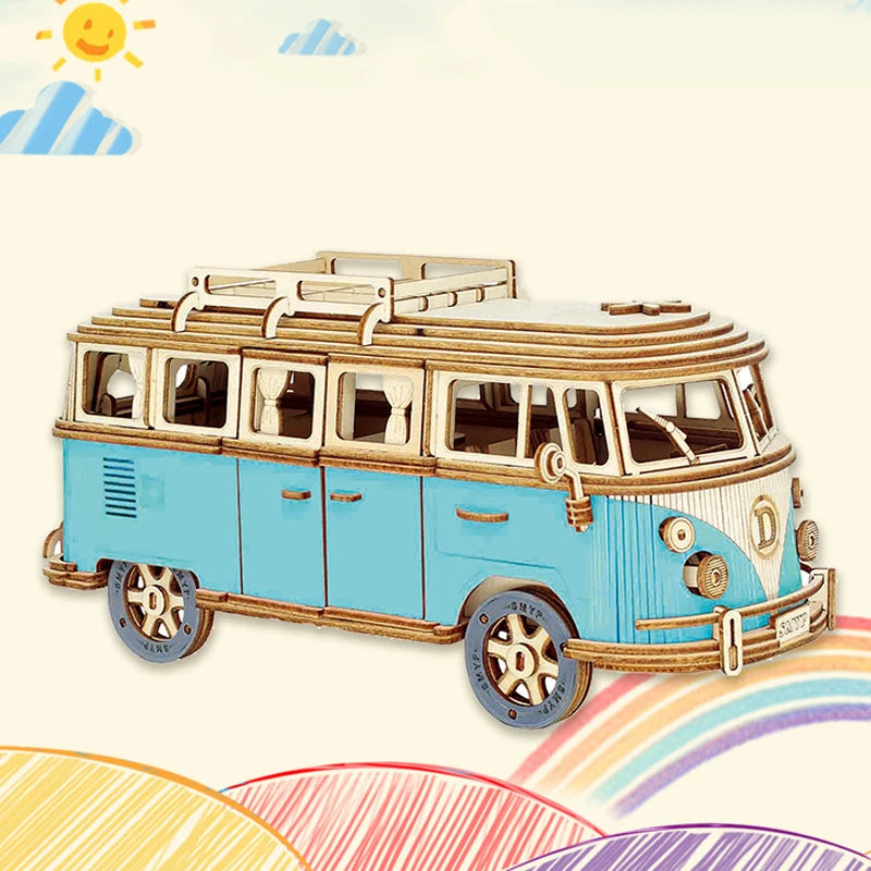 Retro Bus European-style Campervan 3D Wooden Car Puzzle DIY Sailing Ship Airplane Building House Model Jigsaw Toys For Children.