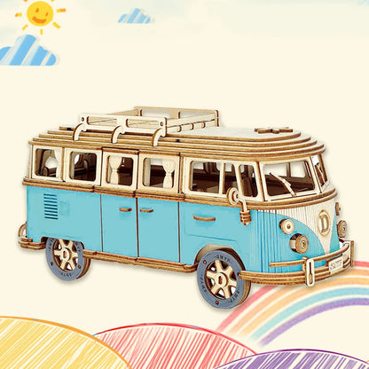 Retro Bus European-style Campervan 3D Wooden Car Puzzle DIY Sailing Ship Airplane Building House Model Jigsaw Toys For Children.