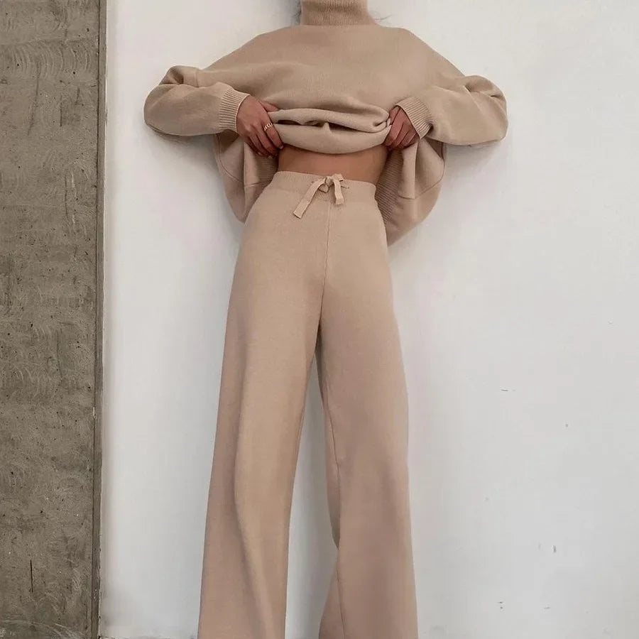 Autumn and Winter Women's New Knitted Fashion Casual Suit Two-piece High-neck Long-sleeved Top + Drawstring Wide-leg Pants Y2k.