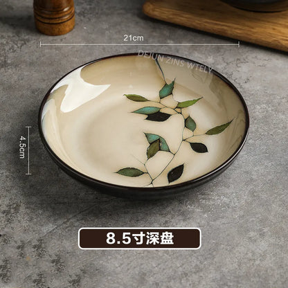 1Pc Vintage Bamboo Leaf Ceramic Bowl Salad Plate Exquisite Ceramic Cutlery Household Noodle Bowl Western Steak Cake Sushi Plate