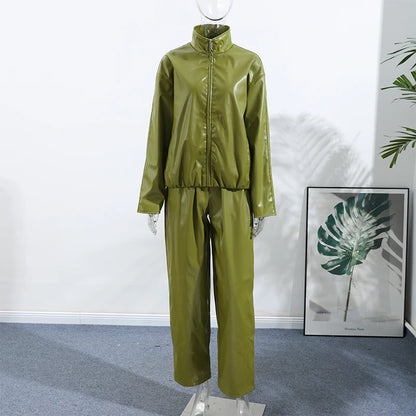 Stylish Leather Solid Jacket Pants Set Women Stand Collar Zipper Coat Loose Trousers Sets Female 2025 Autumn Fashion Streetwears.