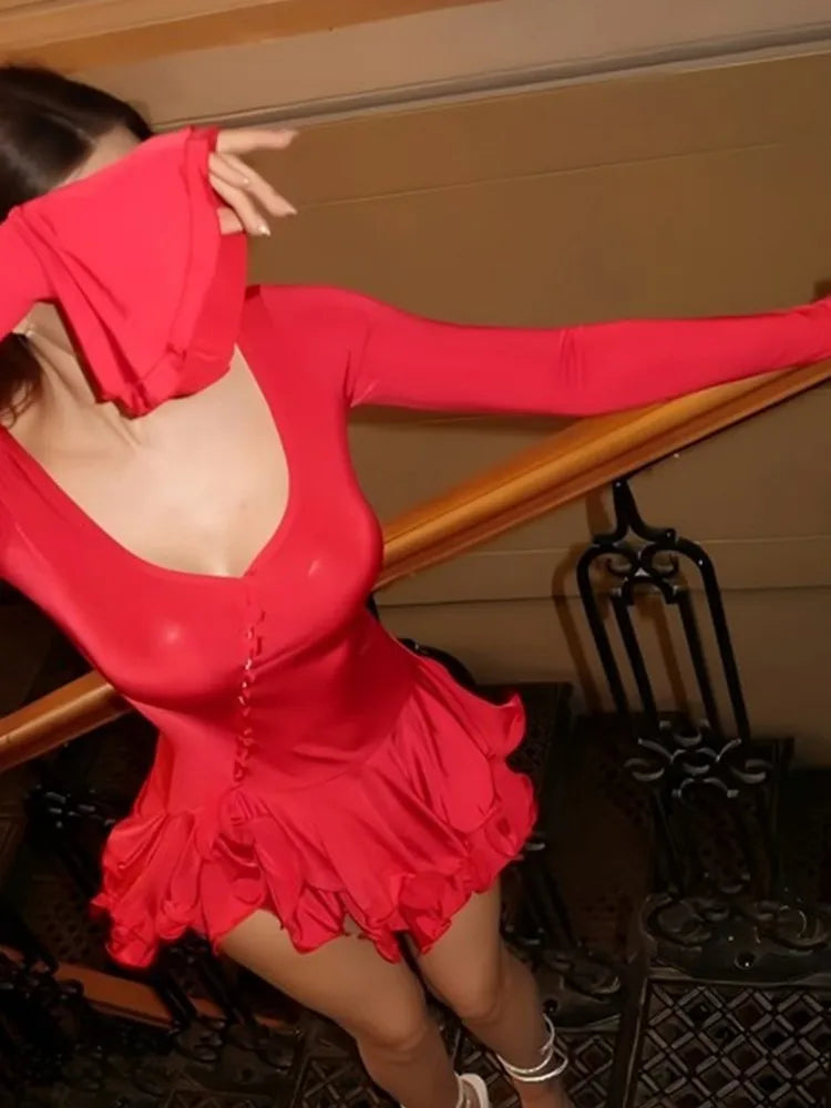 Sexy Unregelmäßige Tiefem V-ausschnitt Rüschen Mini Kleid Frauen Sommer Mode Rosa Ausgestellte Ärmel Low Cut Schlank Party Nachtclub Taste Kleider.