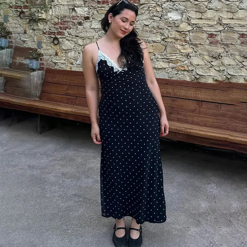 Tossy Spitze V-ausschnitt Patchwork Maxi Kleid Frauen Backless Hohe Taille Schlank Spaghetti Kontrast Party Kleid Weiblichen Frühling Langes Kleid.