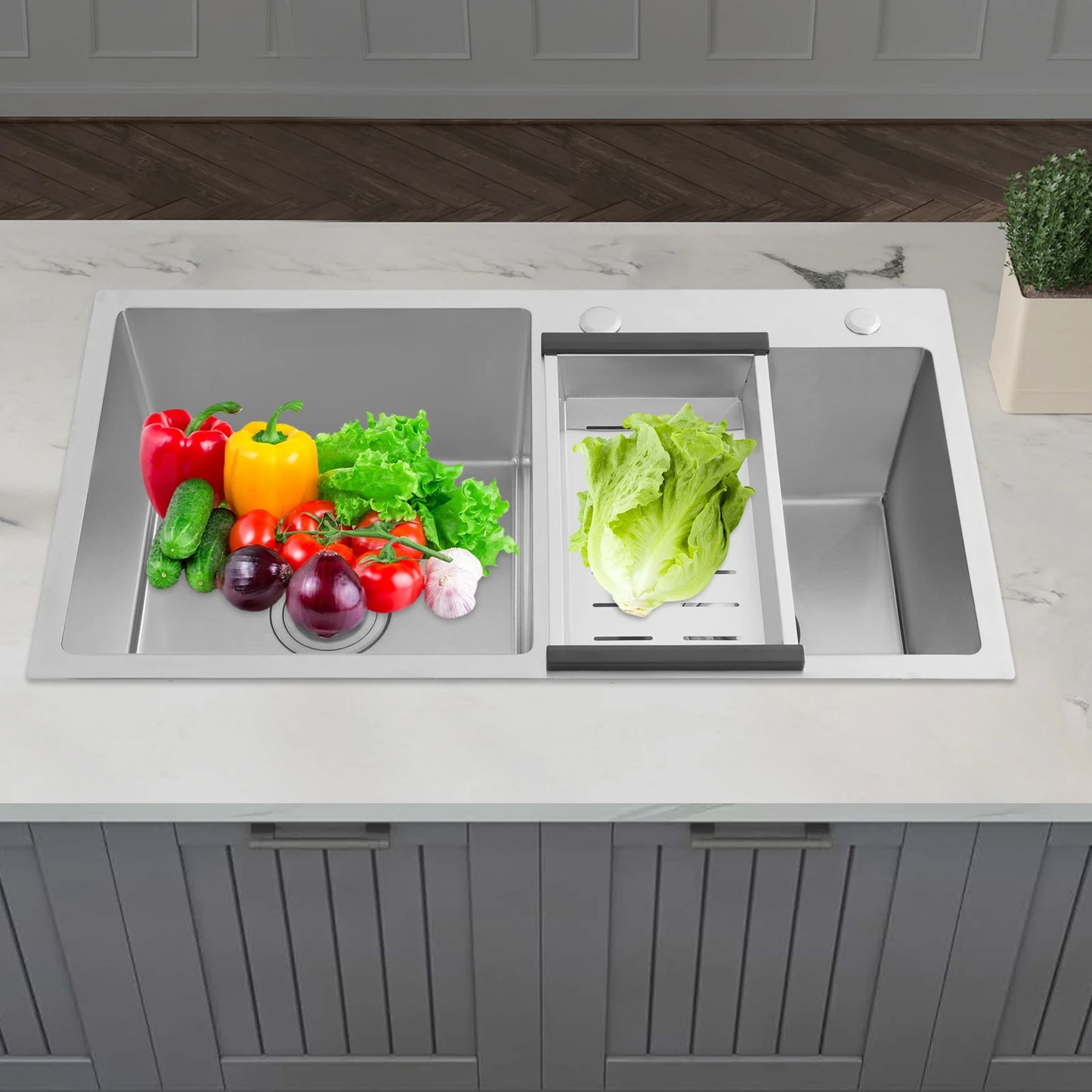 Bymaocar 78 * 43 * 21 cm Edelstahl-Küchenspüle, Doppelschüssel-Küchenspüle, Küchenspüle mit Abflusskorb