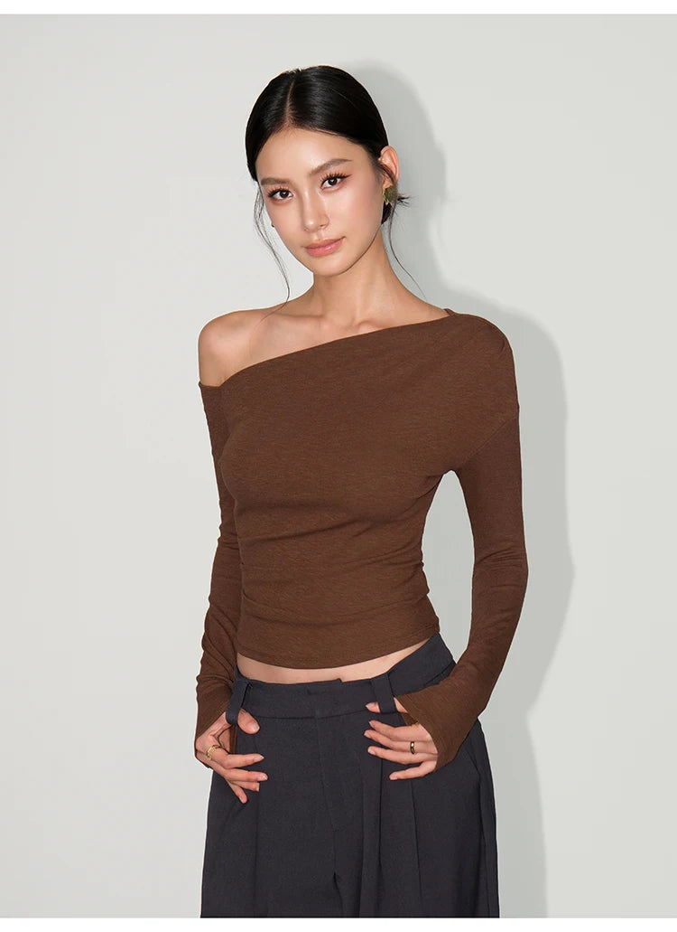 Women Long Sleeve One Shoulder Basic Top Tee Tshirt.