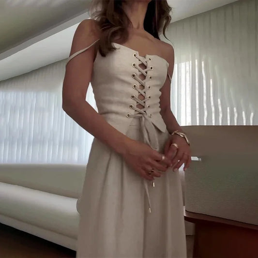 Elegant Lady Button High Waist 2PC Casual Sleeveless Crop Tops And Wide Leg Pants Sets Vintage Solid Color Slim Commute Outfits.