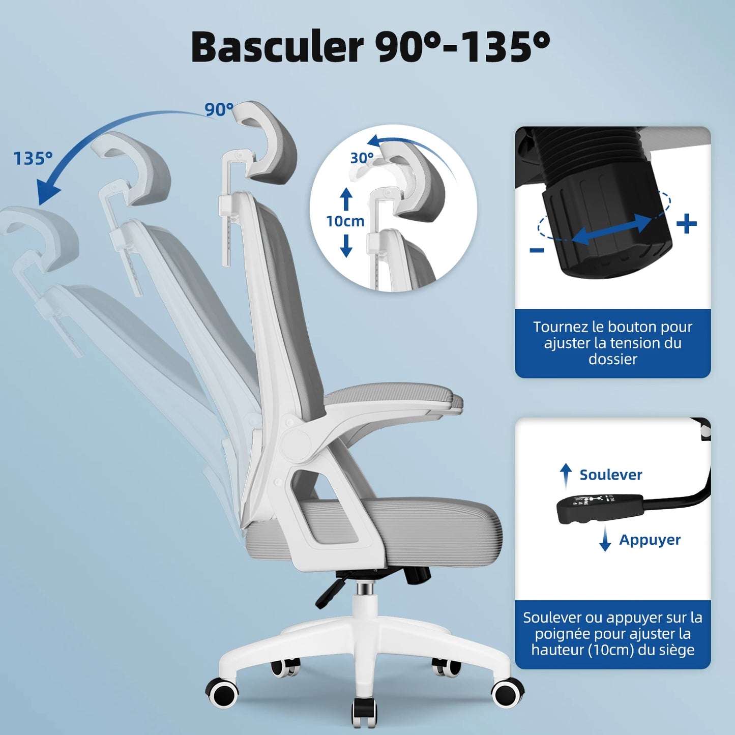 AUTHMIC Ergonomischer Bürostuhl (Grau) mit verstellbarer Kopfstütze, Lordosenstütze, klappbaren Armlehnen und verstellbarer Rückenlehne, 150 kg