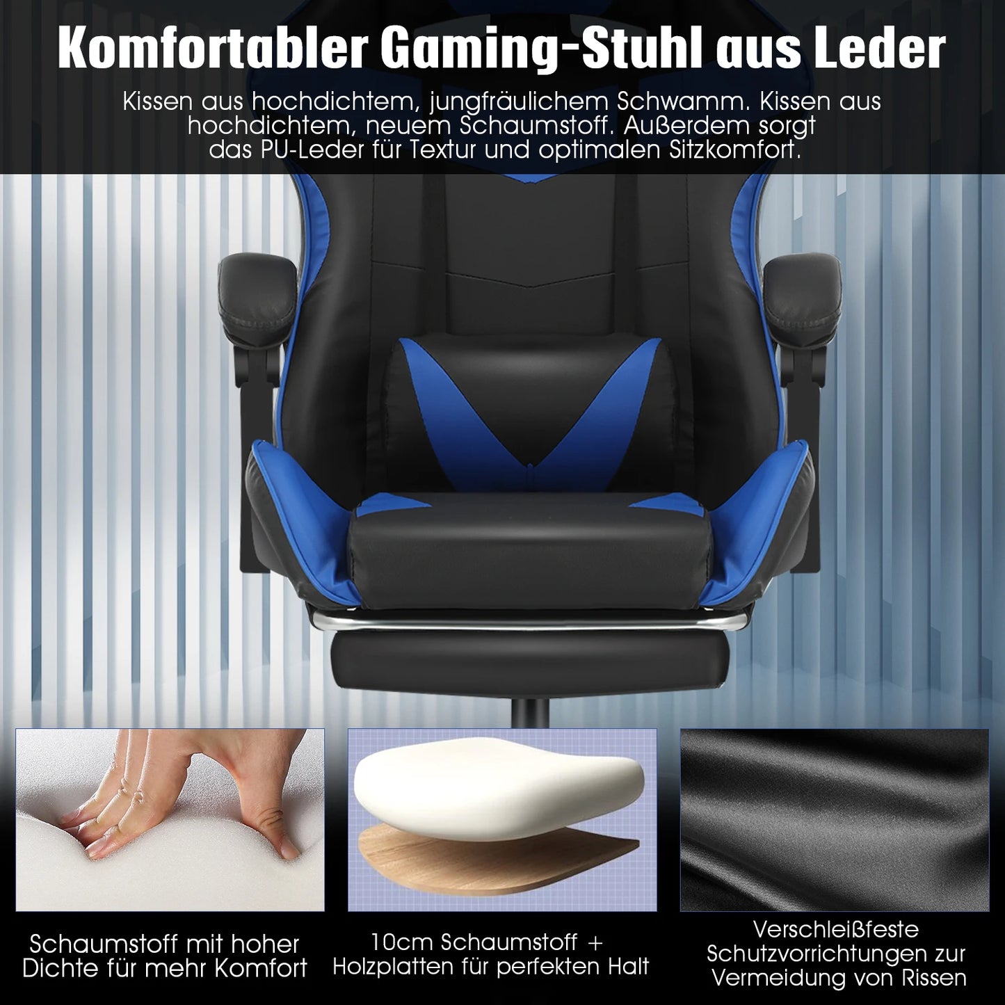 Bürostuhl Ergonomisch Gaming Stuhl Massage Gaming Sessel mit Kopfstütze Massage-Lendenkissen, Gepolstert Gaming Chair, Drehsessel,150kg Kapazität,Schwarz  Blau