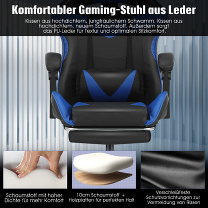 Bürostuhl Ergonomisch Gaming Stuhl Massage Gaming Sessel mit Kopfstütze Massage-Lendenkissen, Gepolstert Gaming Chair, Drehsessel,150kg Kapazität,Schwarz  Blau