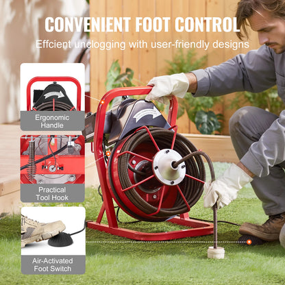 SucceBuy 50FT Drain Cleaner Machine Sewer Snake Auger Manual Feed 250W Electric Drain Cleaning Machine with Air-activated Foot.