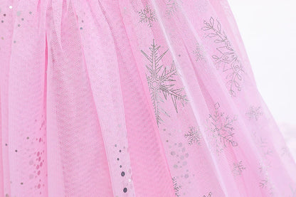 Mädchen rosa Pailletten Mesh Prinzessin Kleid, Mesh kurze Ärmel, mit Umhang, geeignet für Party, Tanz, Performance, Karnevals kleid