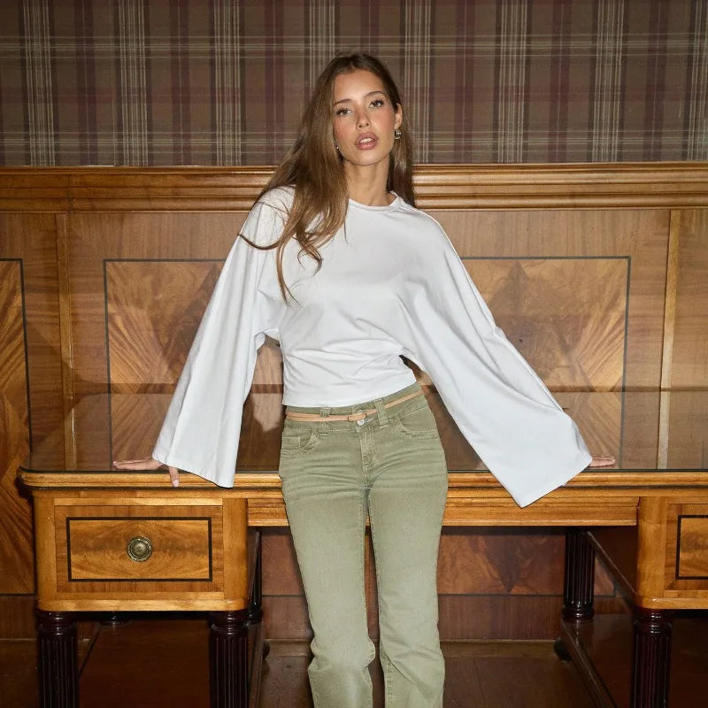 Trendix Basic Long Sleeve Crop Tops Women Summer O Neck Loose Casual Solid Pullover Top Ladies Street Party Club Fashion T Shirt