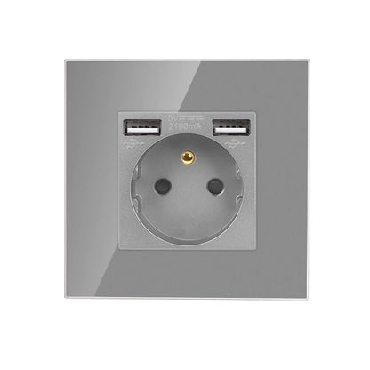 Frankreich Standard Doppelsteckdosen Französische Typ-C-Steckdosen 110-250 V Glasscheibe USB-Ladeanschluss Elektrischer Stecker Heimwerker