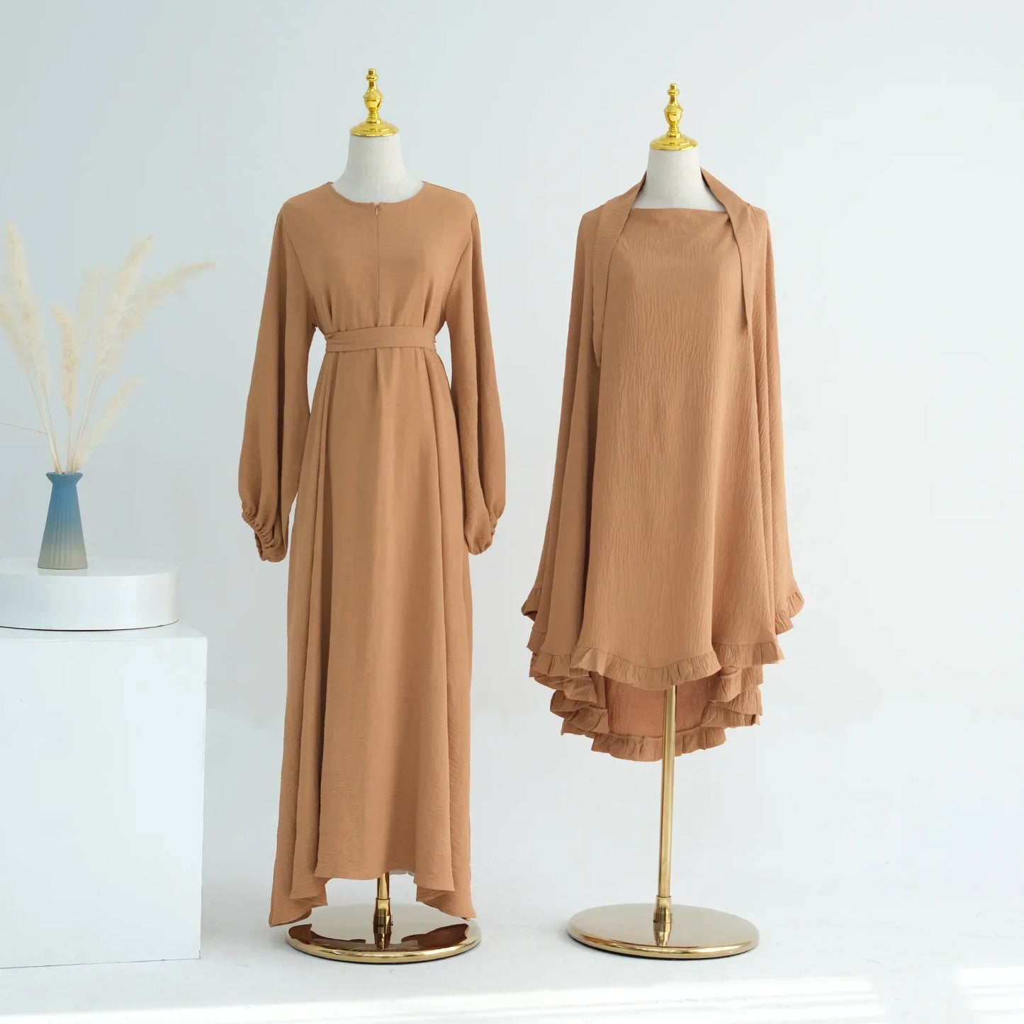 Muslim Woman Abaya with Khimar 2 Piece Set Crinkled Fabric Ruffles Hijab with Irregular Prayer Dress Islam Dubai Turkey Ramadan.