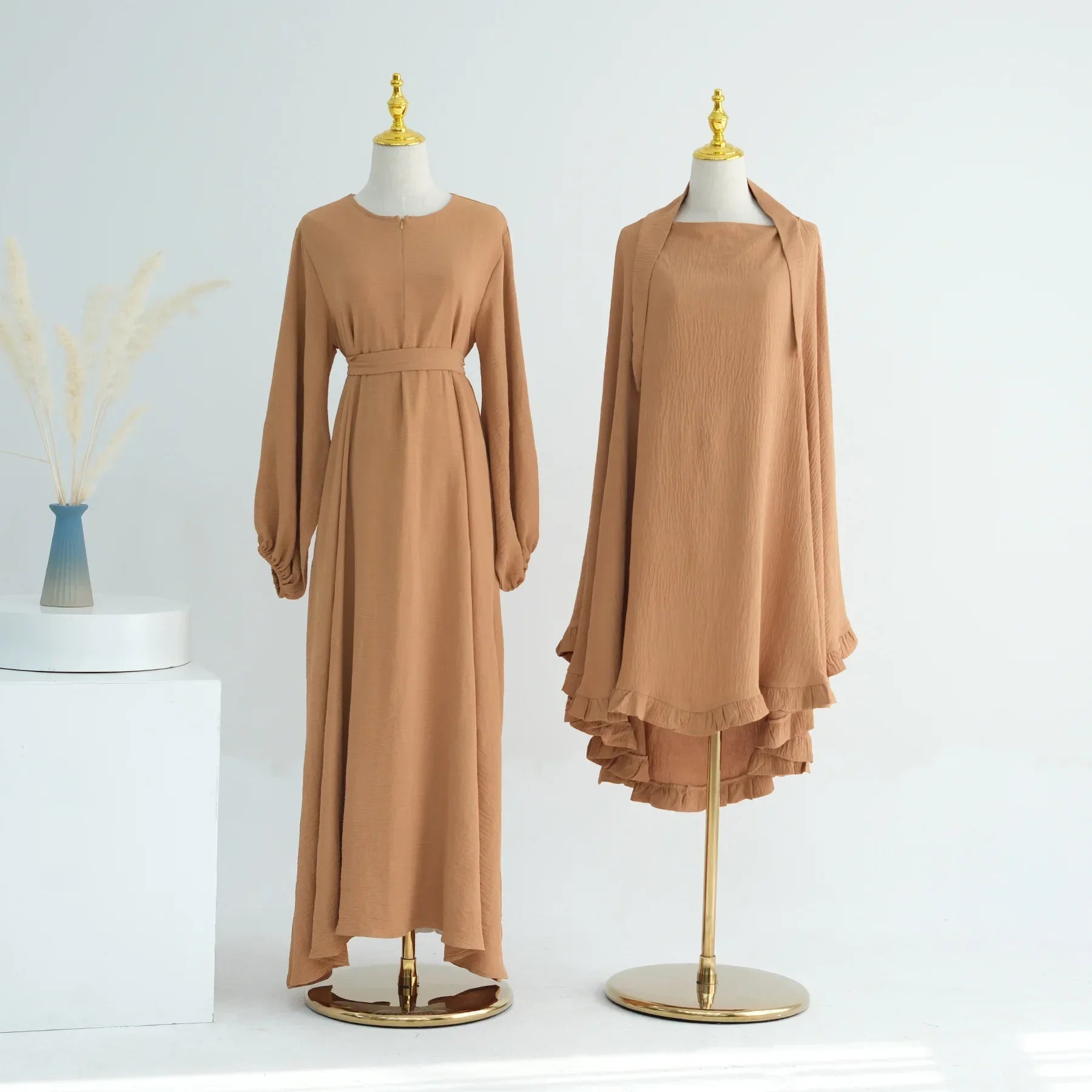 Muslim Woman Abaya with Khimar 2 Piece Set Crinkled Fabric Ruffles Hijab with Irregular Prayer Dress Islam Dubai Turkey Ramadan.