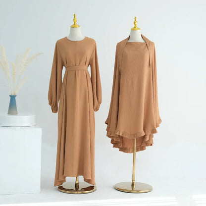 Muslim Woman Abaya with Khimar 2 Piece Set Crinkled Fabric Ruffles Hijab with Irregular Prayer Dress Islam Dubai Turkey Ramadan.