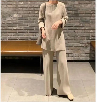 2024 Autumn Winter New Women's Fashion Fashionable Age Reducing Two Piece Pants Knitted Sweater Straight Leg Pants Set For Women.