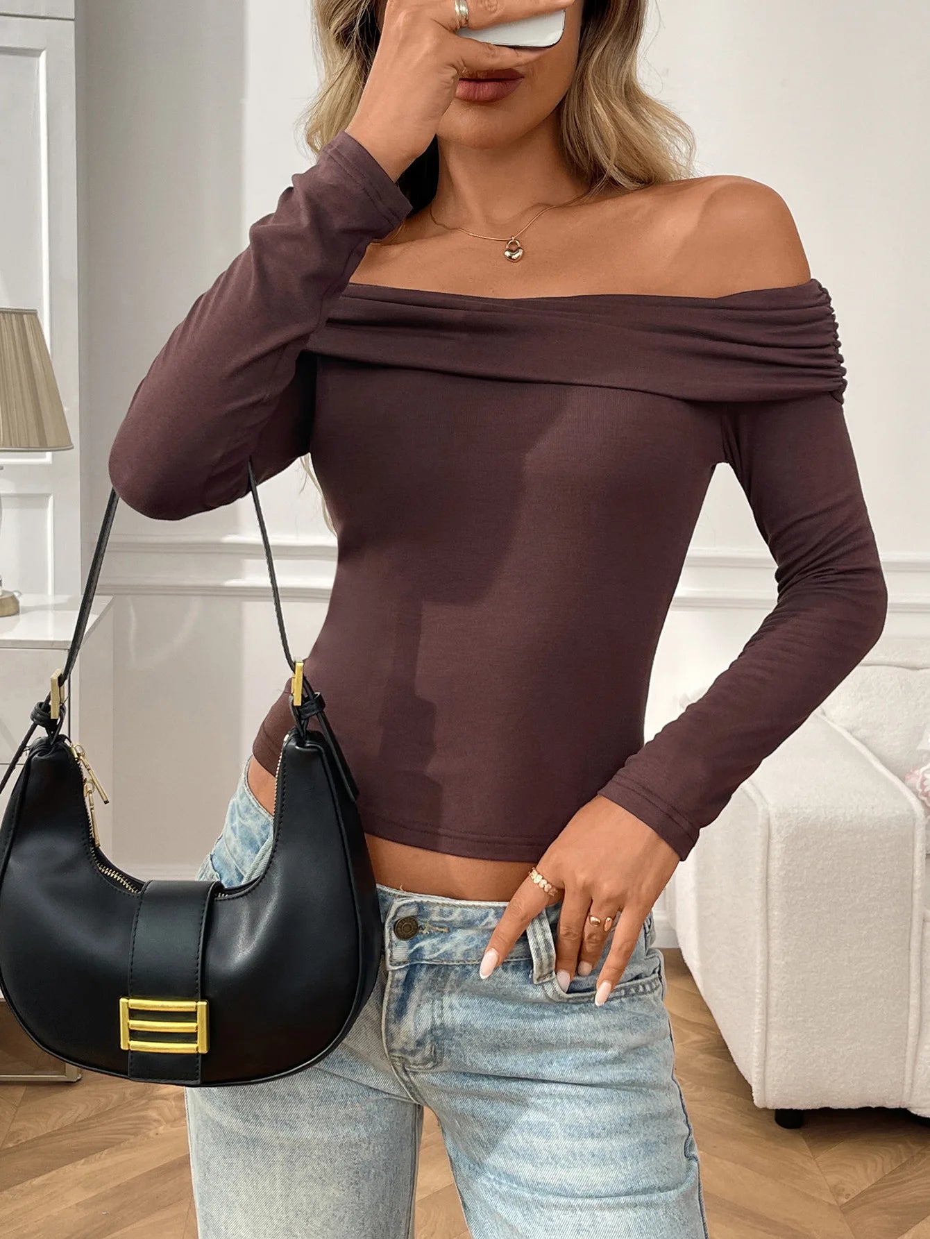 Off-The-Shoulder Women's Blouses Autumn Tops Fashion Patchwork Slim Solid Color Long-Sleeve Female's T Shirts Sexy Y2K Tops 2025.