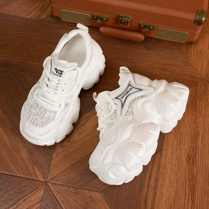 AUTUSPIN 10cm Pink Thick Soled Shoes for Summer Women Breathable Lace-up Ladies Sneakers Outdoor Casual Fashion Platform Shoes.