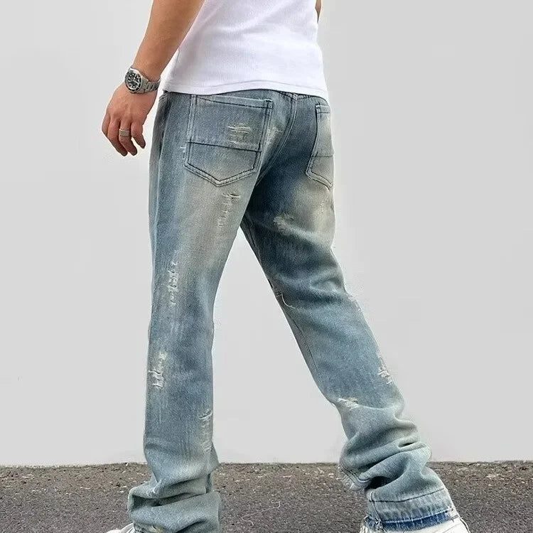 Loose Men's Straight Leg Jeans Casual High Street American Style Torn Frayed Hem Wide Leg Pants Trendy Casual Denim Trousers.