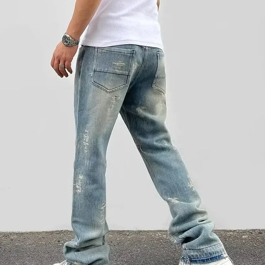 Loose Men's Straight Leg Jeans Casual High Street American Style Torn Frayed Hem Wide Leg Pants Trendy Casual Denim Trousers.