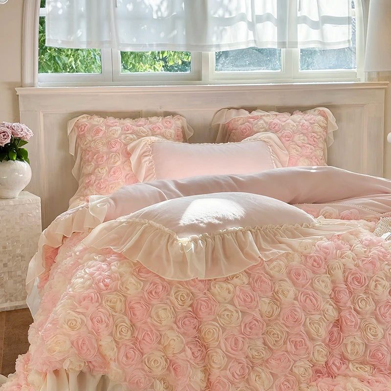 Three-Dimensional Rose Flowers Lace Ruffles Princess Wedding Bedding Set Warm Milk Velvet Duvet Cover Bed Sheet Pillowcases 4Pcs.