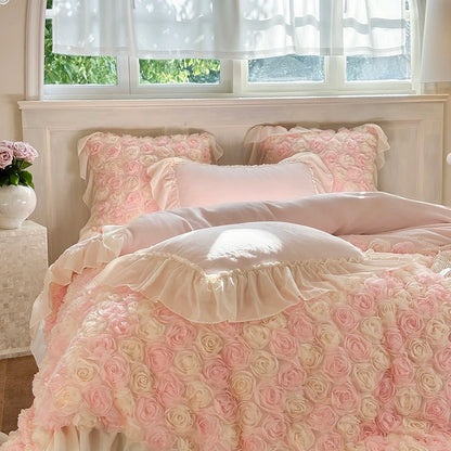 Three-Dimensional Rose Flowers Lace Ruffles Princess Wedding Bedding Set Warm Milk Velvet Duvet Cover Bed Sheet Pillowcases 4Pcs.