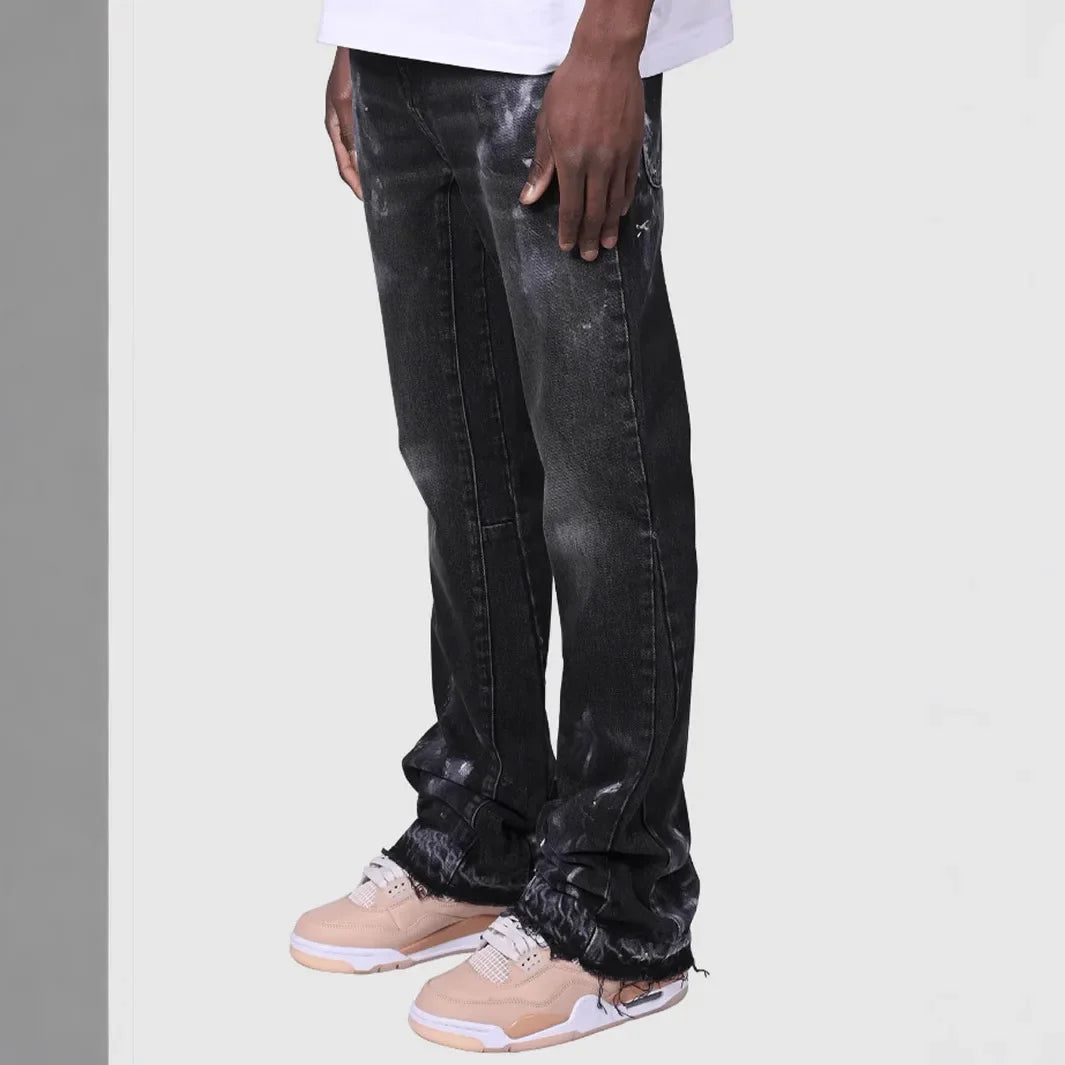 Men's Fashion Jeans Work Pants, European and American Fashion Workwear Elastic Patchwork Denim Layered Flared Pants S-XXL.
