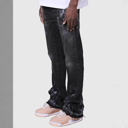 Men's Fashion Jeans Work Pants, European and American Fashion Workwear Elastic Patchwork Denim Layered Flared Pants S-XXL.