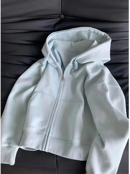 Frühherbstliche, schicke, lässige Kapuzenjacke, schmale Passform, langärmeliges, kurzes Oberteil, warme Strickjacke mit Reißverschluss, koreanischer Stil, Kapuzenpullover.