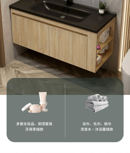 Leichter Luxus-Badezimmerschrank-Kombination, Badezimmer-Waschbecken, Gesichtswaschbecken, Toilettenholz, Waschbecken aus Keramik, integriertes Waschbecken im japanischen Stil