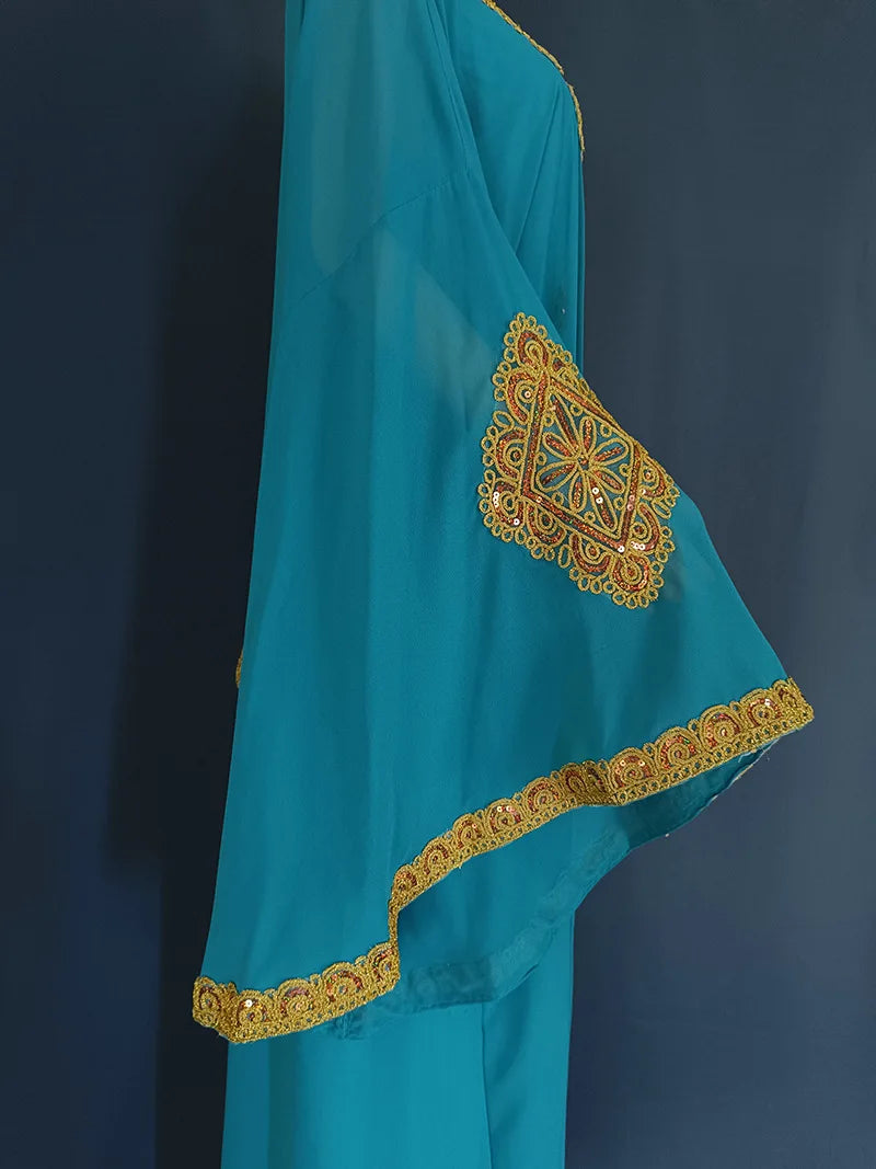 Partykleider für Frauen, Abaya, muslimischer Kaftan, 2-teiliges Set, Eid-Flare-Ärmel, Robe, bestickt, goldene Spitzenkleid, Anzug, Jalabiya Ramadan.