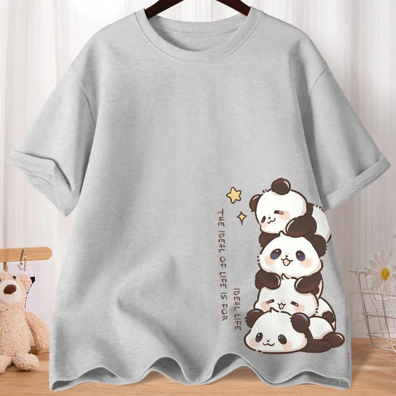 Summer Cartoon Cute Treasure Panda Sweet Printed Short Sleeve T-shirt Women's Loose Leisure Soft Bottom Oversized Shirt Top.