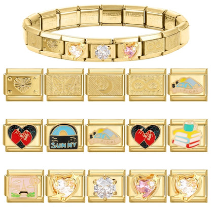 New Fashion 9mm 15 Style Italian Modular Charm Bracelet Fashionable Leisure Holiday Scenery Literary Modular Elastic Bracelet.