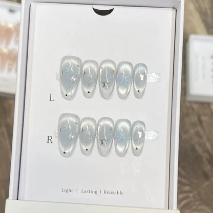10pc Cat Eye Almond Handmade Press on Nails Light Blue Bow Fake Nails False Nails Artificial Nail Wearable Nail Tips Art Uñas.