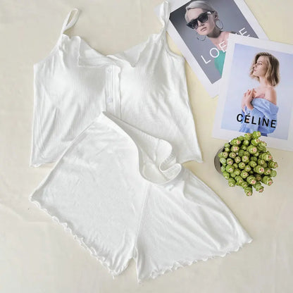 Conjuntos De Pijama Neue Sexy Baumwolle Sling Top Shorts Set Bh Pad Sommer Nachtwäsche Pyjamas Für Frauen Hause Tragen Nachtwäsche Anzug