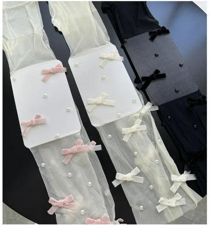 Y2K Velvet Bow Embroidery Pearl Tights Pantyhose Fashionable Simple Female Stockings JK Styles Cute Sweet Girls Chic Stocking.