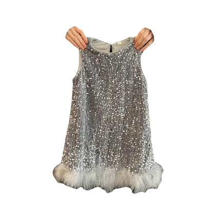 Pailletten Mädchen Prinzessin Kleid Grau Rundhals Ärmellose Feder Weste Kleid Kinder Geburtstag Party Kleid Performance Kleid