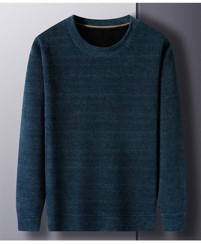 Fleece-Lined Knitted Pullover Sweater Casual Jumper for Men Insulated Warm Long Sleeve Thick Material Round Neck Design.