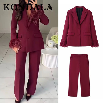 KONDALA 2025 Burgund Quaste Büro Dame Anzüge Einreiher Gerade Blazer + Moderne Gerade Lange Hosen Mode Weiblichen Anzug