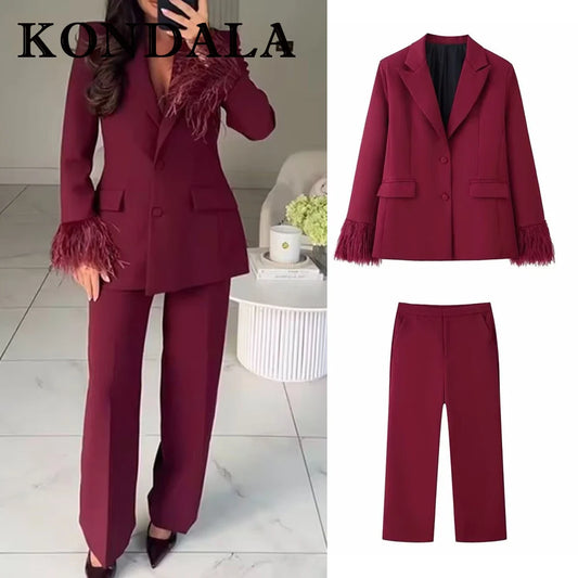 KONDALA 2025 Burgund Quaste Büro Dame Anzüge Einreiher Gerade Blazer + Moderne Gerade Lange Hosen Mode Weiblichen Anzug