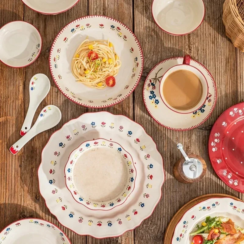SOLECASA Ceramic Tableware Pastoral Style Rice Soup Bowl Fruit Salad Bowl Dish Pasta Dessert Plate Dinnerware Table Decoration.