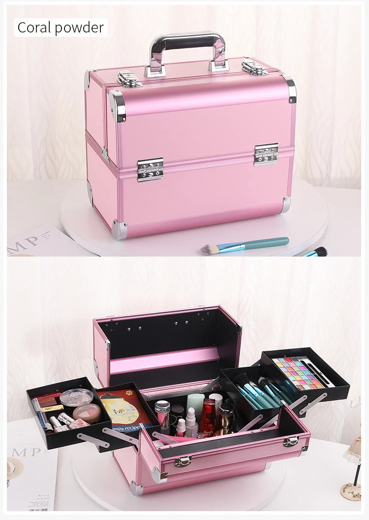 Makeup Train Case Pro Adjustable 4 Sliding Trays Cosmetic Case Storage Organizer Box Lockable Compartments.