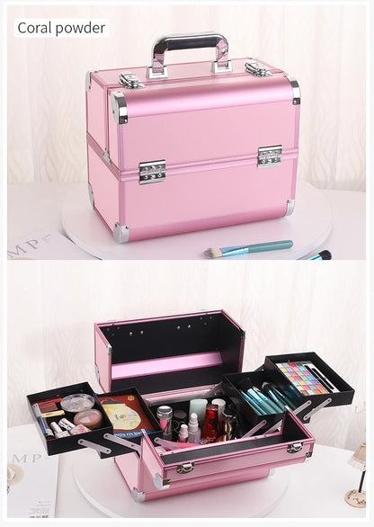 Makeup Train Case Pro Adjustable 4 Sliding Trays Cosmetic Case Storage Organizer Box Lockable Compartments.