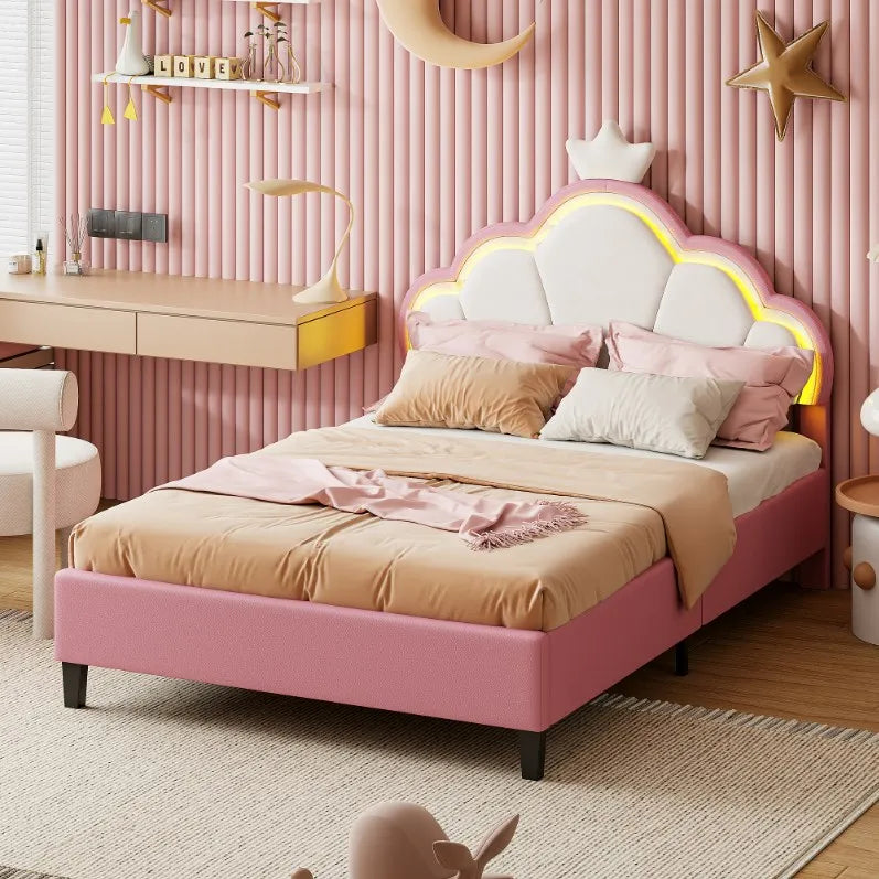 Anajqaqia 90×200 cm gepolstertes Einzelbett, Kinderbett mit LED-Leuchten, mit Lattenrost und Kronenkopfteil, Samt