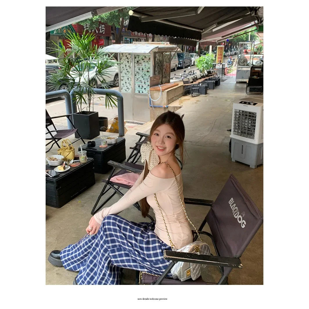 Spicy Girl Diagonal Shoulder Long Sleeve Women's T-shirt Base Layer Shirt Waist Inward Design Polo Collar Top.